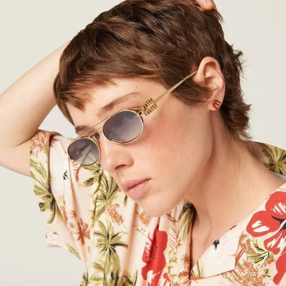 NEW Miu Miu MU54ZS 5AK30C Gold Grey Gradient Mirror Pilot Unisex Sunglasses